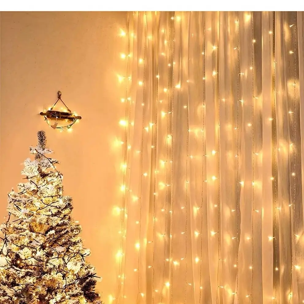 Curtain Lights Warm White Indoor/Outdoor Battery Operated 3m x 3m with 300 LED Christmas Fairy Lights 8 Modes/Timer/Remote/USB Outdoor Hanging Lights for Window, Bedroom Wall, Garden, Party Decorations Set