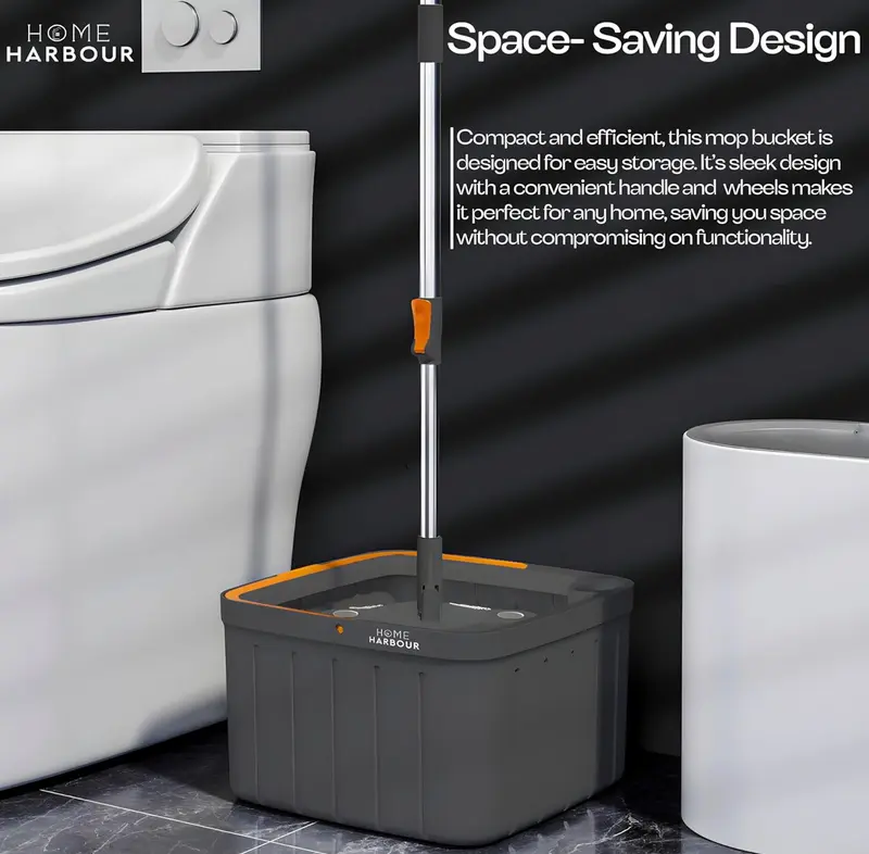 Home Harbour HH2 Spin Mop And Bucket Set 360 Spinning Wet & Dry Water Separation Wringing System Rotating Cleans Laminate, Wood & Tile Flooring With 2 Microfibre Mop Head Refills Adjustable Handle 1