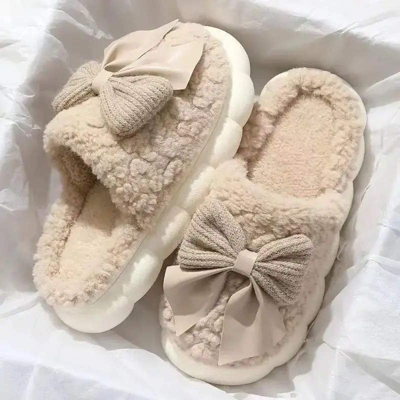 New Bow Cotton Slippers Women's Indoor Home Use Warm Thick Bottom Anti-slip Postpartum Slippers Women's Sweet Style 1