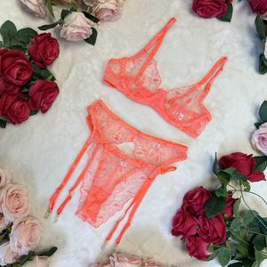 Liliosa Lingerie High Quality Delicate Coral 3 Piece lingerie set - (Bra + Garter + Pants) Comfortable Underwear Womenswear, Adjustable Fit Spaghetti Straps,  Elegant Quality Breathable Fabrics Lace, Girl Gift Soft Matching Bridal Style
