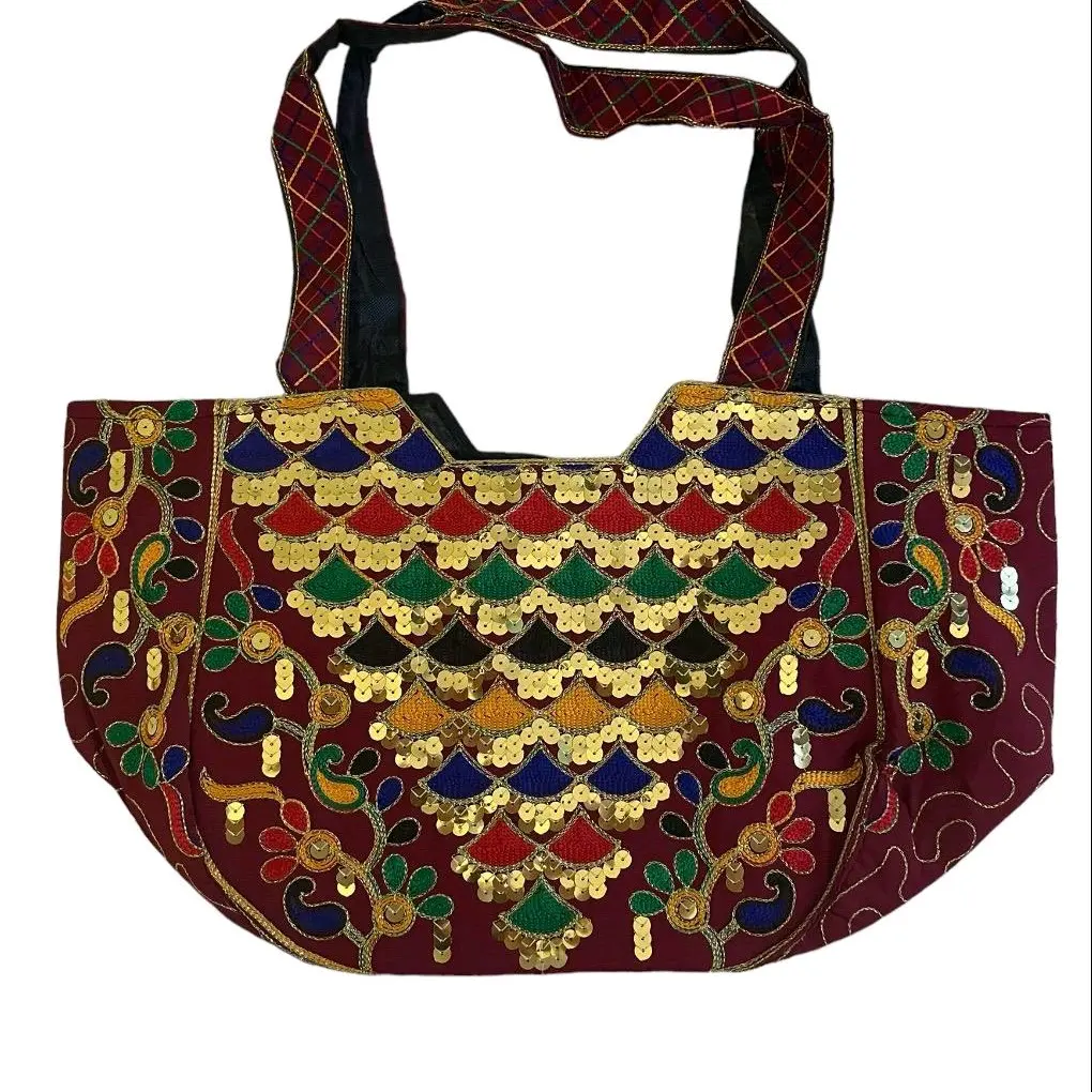 Womens Large Shoulder Bag Burgundy with Beautiful Embroidery