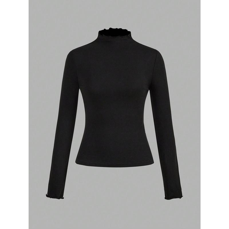 EZwear 2pcs/Set Casual Mock Neck Form-Fitting Solid Black And White Long Sleeve Base Layer Tops, Warm For Autumn/Winter 5