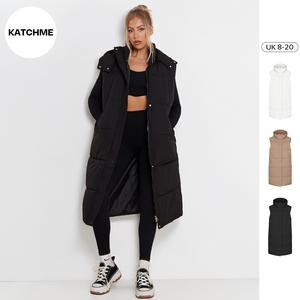 KatchMe Women's Stylish Versatile Hooded Zip-Up Waist Tie Thermal Gilet(6-16UK),Basic Womenswear,Plain Zipper Pocket Long Gilet for Fall & Winter