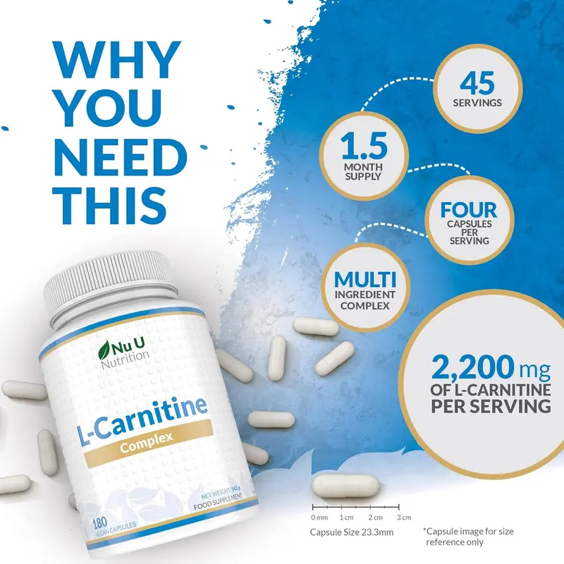 L-Carnitine Complex 2200mg - 180 High Strength Vegan Capsules - with Riboflavin, Biotin, Chromium, Vitamin D, B3 & B6 - L Carnitine Tartrate Supplement - Made in The UK - Nu U Nutrition 3