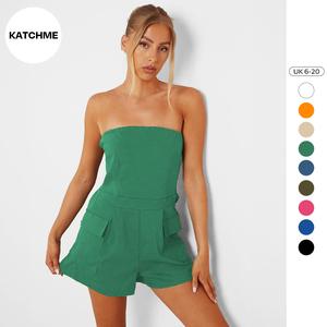 KatchMe Women's Street Style Solid Color Cargo Pocket Tube Playsuit(Size 6-20UK),Versatile Sleeveless Plain Side Pockets Jumpsuit,Fitted Womenswear