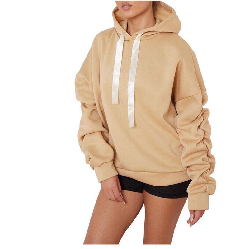 Womens Ruched Sleeve Oversized Hooded With Ribbon Ladies Sweatshirt Jumper Top 4