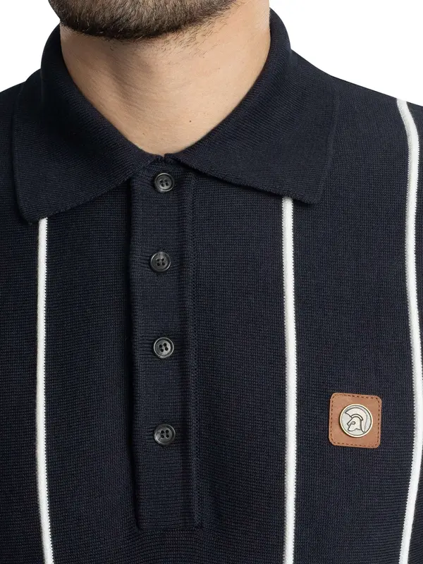 Trojan Raised Stripe Fine Gauge Knitted Polo Shirt - Navy 3