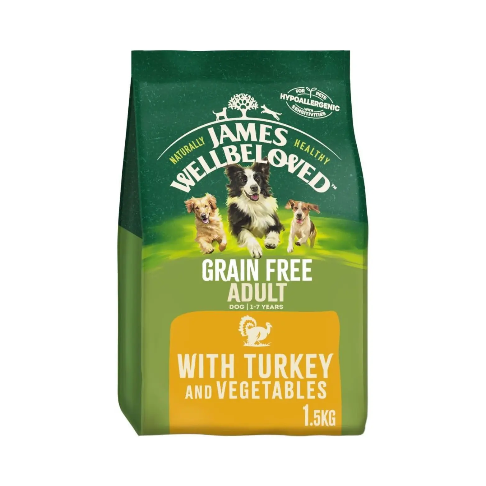 Dog Food James Wellbeloved Adult Grain-Free Turkey & Vegetables 1.5 kg Bag, Hypoallergenic Dry Dog Food Best Food For Pets Health