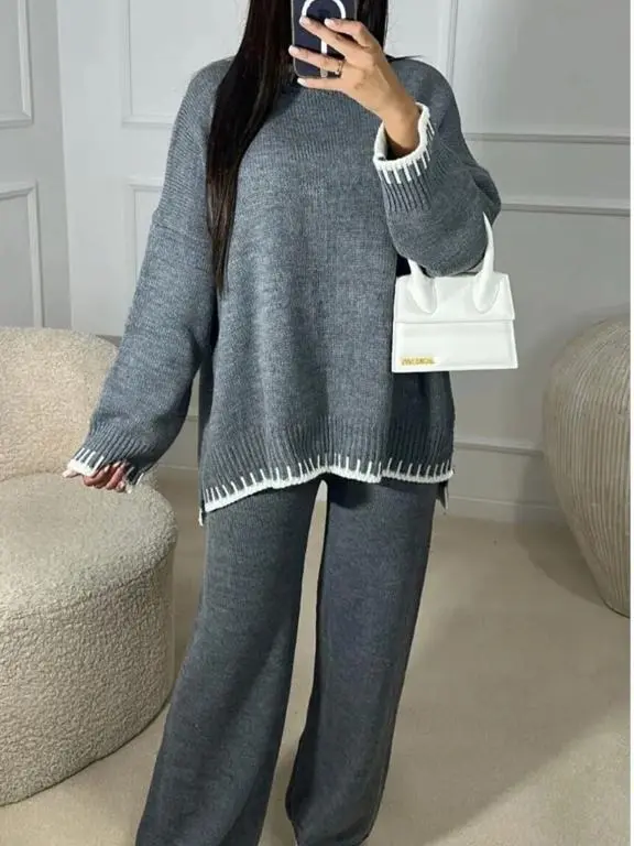 Long Sleeve Suits knitted Relaxed Fit Womenswear Ladies Tracksuit Overalls Palazzo Comfort Knitwear Trouser Leg 0