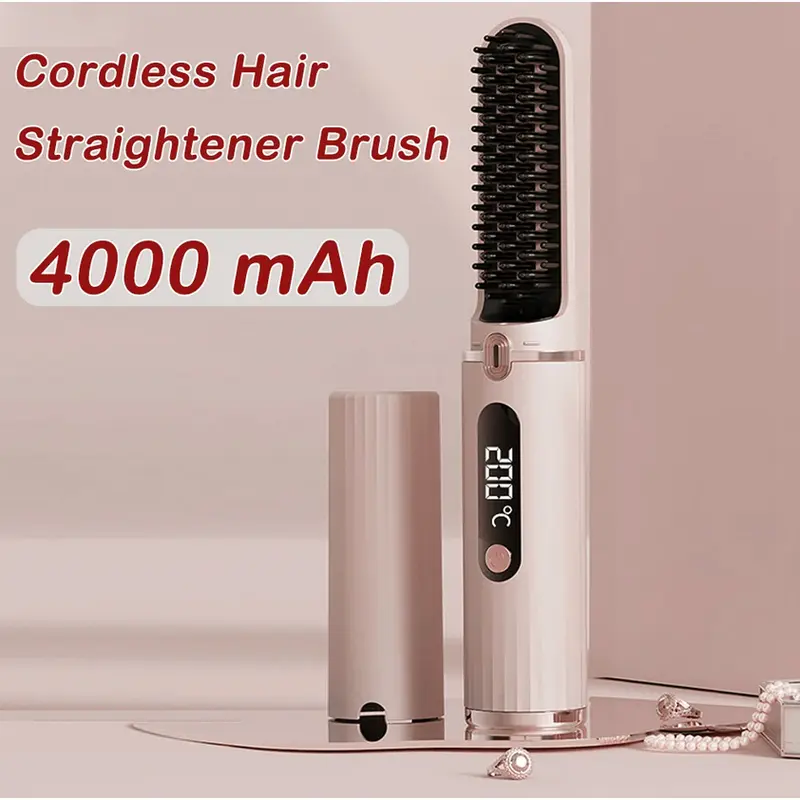 Portable Wireless Recharging Hair - Straightening Comb - Straightener Brush Hot Comb Cordless Lightweight Adjustable 4