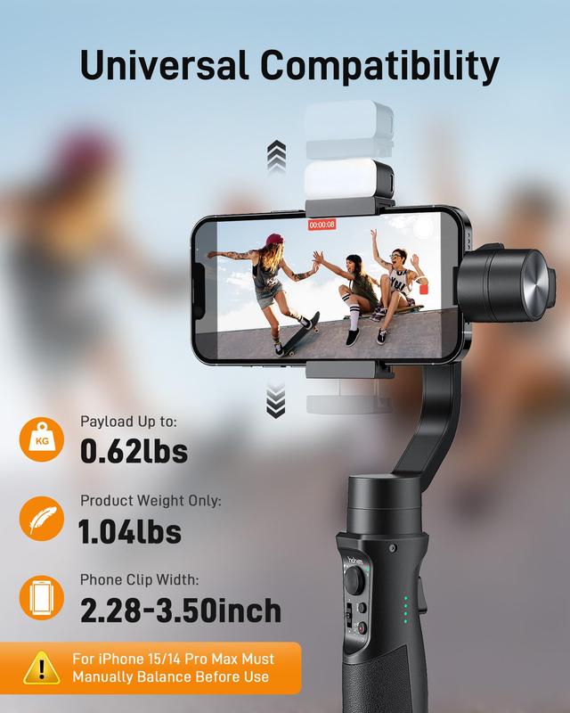 Gimbal Stabilizer for Smartphone, 3-Axis Phone Gimbal for Android & iPhone,Stabilizer for Vlogger Youtube TikTok, Video Recording with Face/Objective Tracking, Max Payload 280g, 360° Infinite Rotation 6