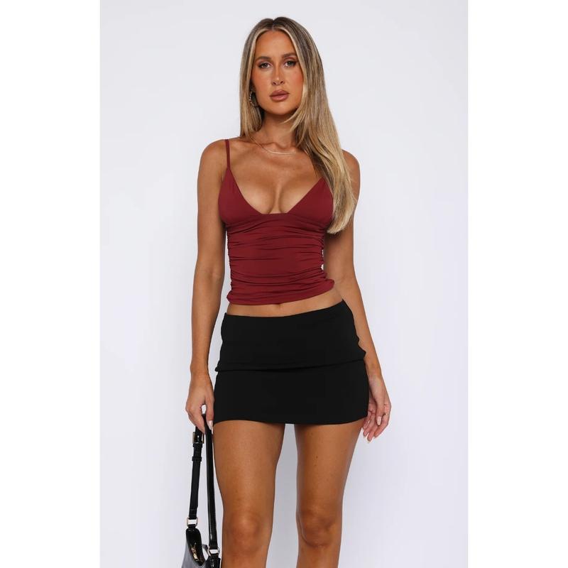 Women's Solid Backless Ruched Crop Cami Top, Classy Going Out Tops, Casual Adjustable Spaghetti Strap Sleeveless Top for Summer, Women's Clothing for Beach Holiday, Tops for Women, Club L Sizing UK, Weekday Fitted Top 7