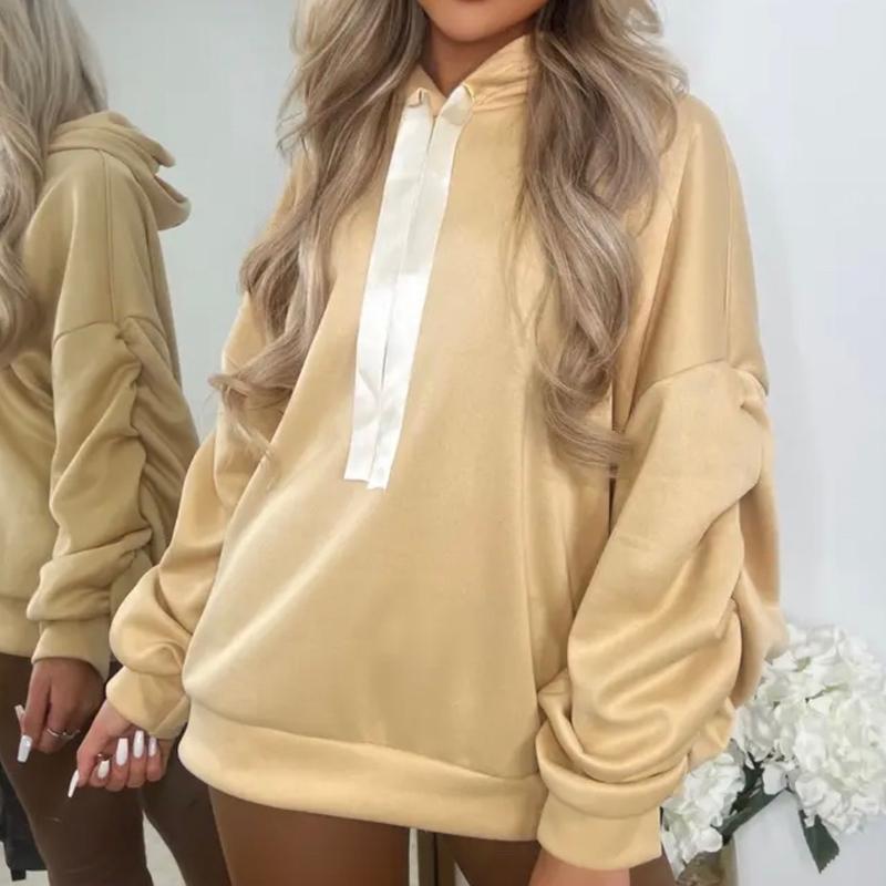 Ruched Arm Ribbon String Hoodie, Oversized Baggy Comfortable Womenswear 0