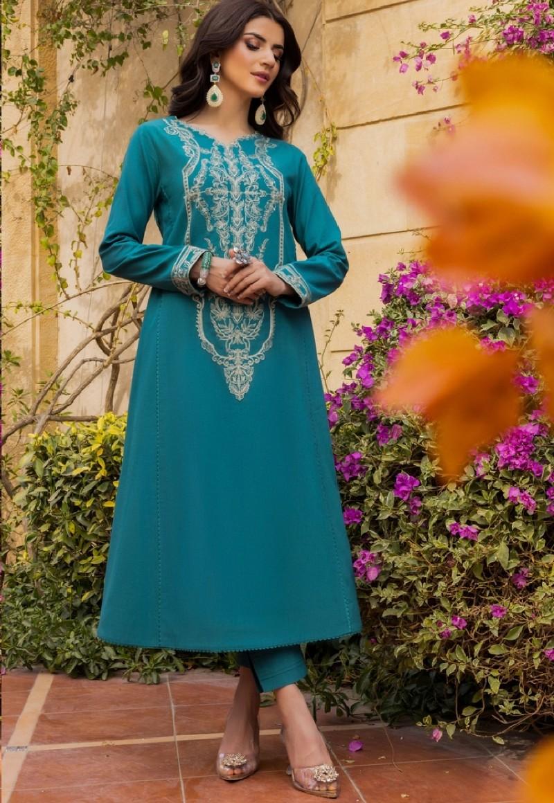 Product Introduction of Asim Jofa Ready-Made Summer Casual Overall Suits | 2Pc Sea Green, Embroidered Cambric Cotton Maxi Style Shirt and Plain Trouser AJPE-34  2