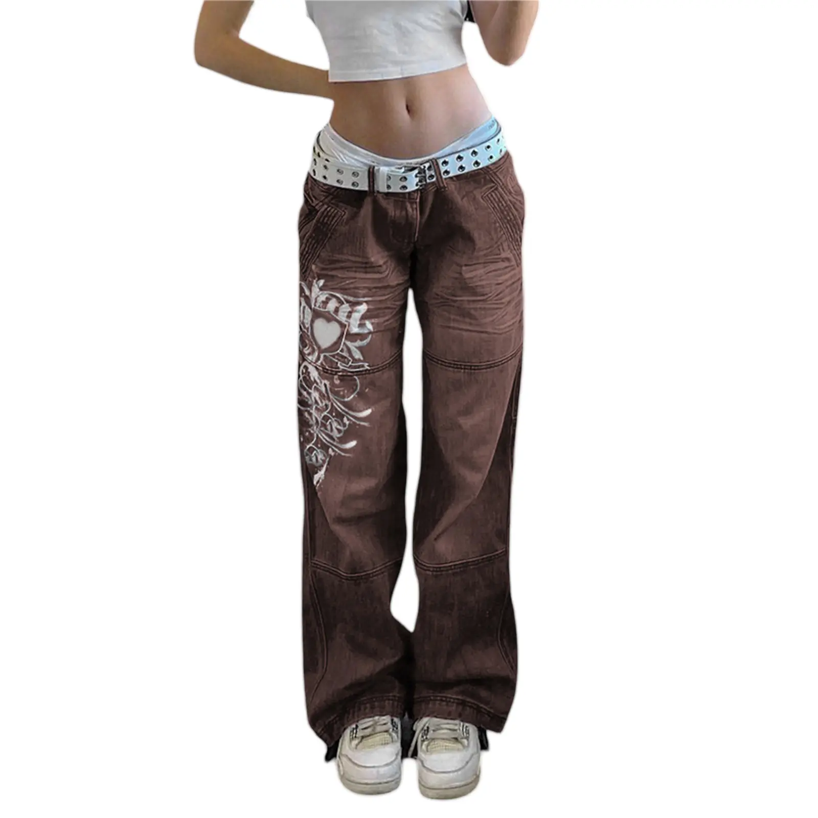 Women's Harajuku Print Jeans Floral Print Vintage Aesthetic Baggy Straight Pants Grunge Casual Outfits Trousers Streetwear Y2k  Womenswear Denim Geometric Cotton Blue
