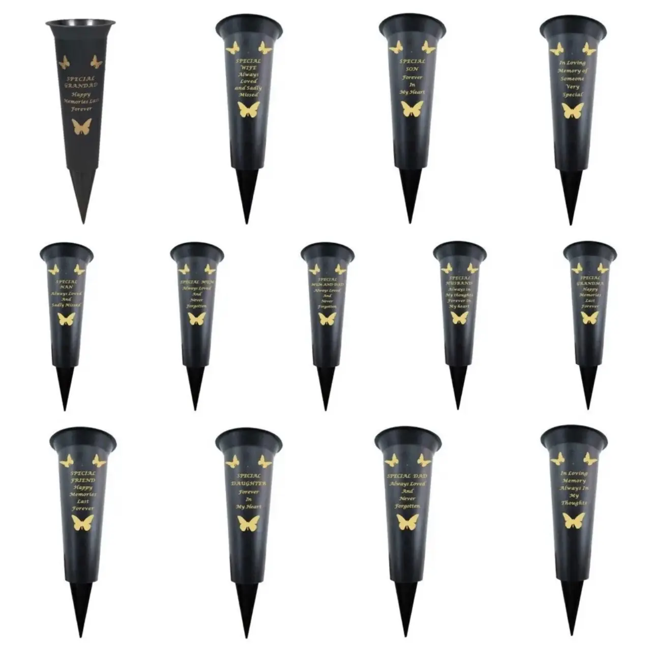 Graveside Memorial Spiked Vases with Gold Lettering Butterfly 33cm