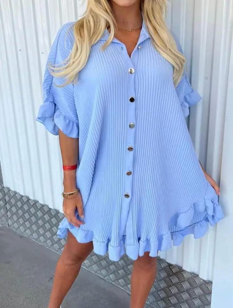 Product Introduction of Women’s Ladies Gold Button Pleated Frill Summer Shirt Swing Mini Dress Viral TikTok Top Casual Fabric 17