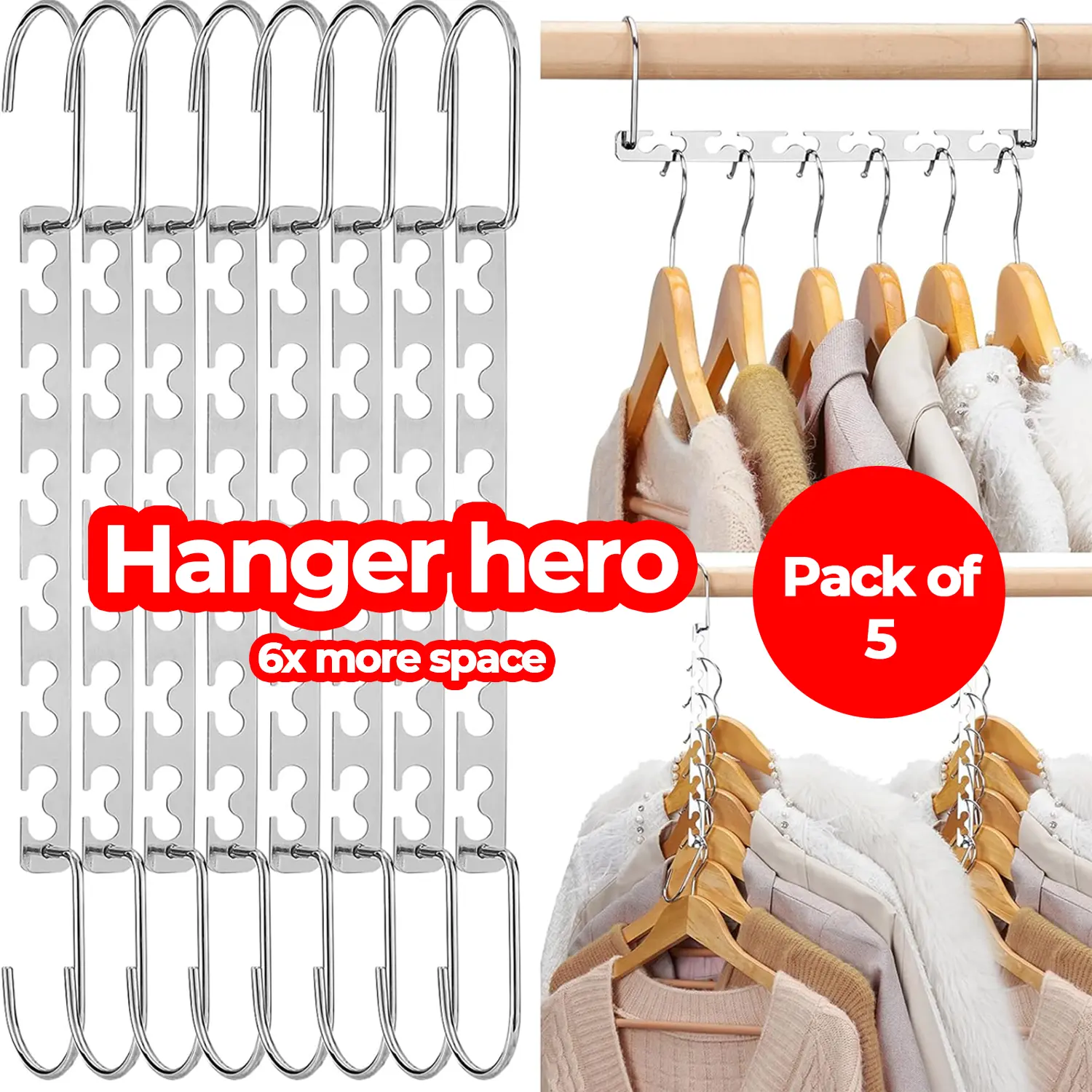 Hanger hero - 5 Pack Metal Magic Hangers Space Saving Hangers Closet Space Saving Wardrobe Clothing Hanger Organizer, Updated Hook Design Light Hanging