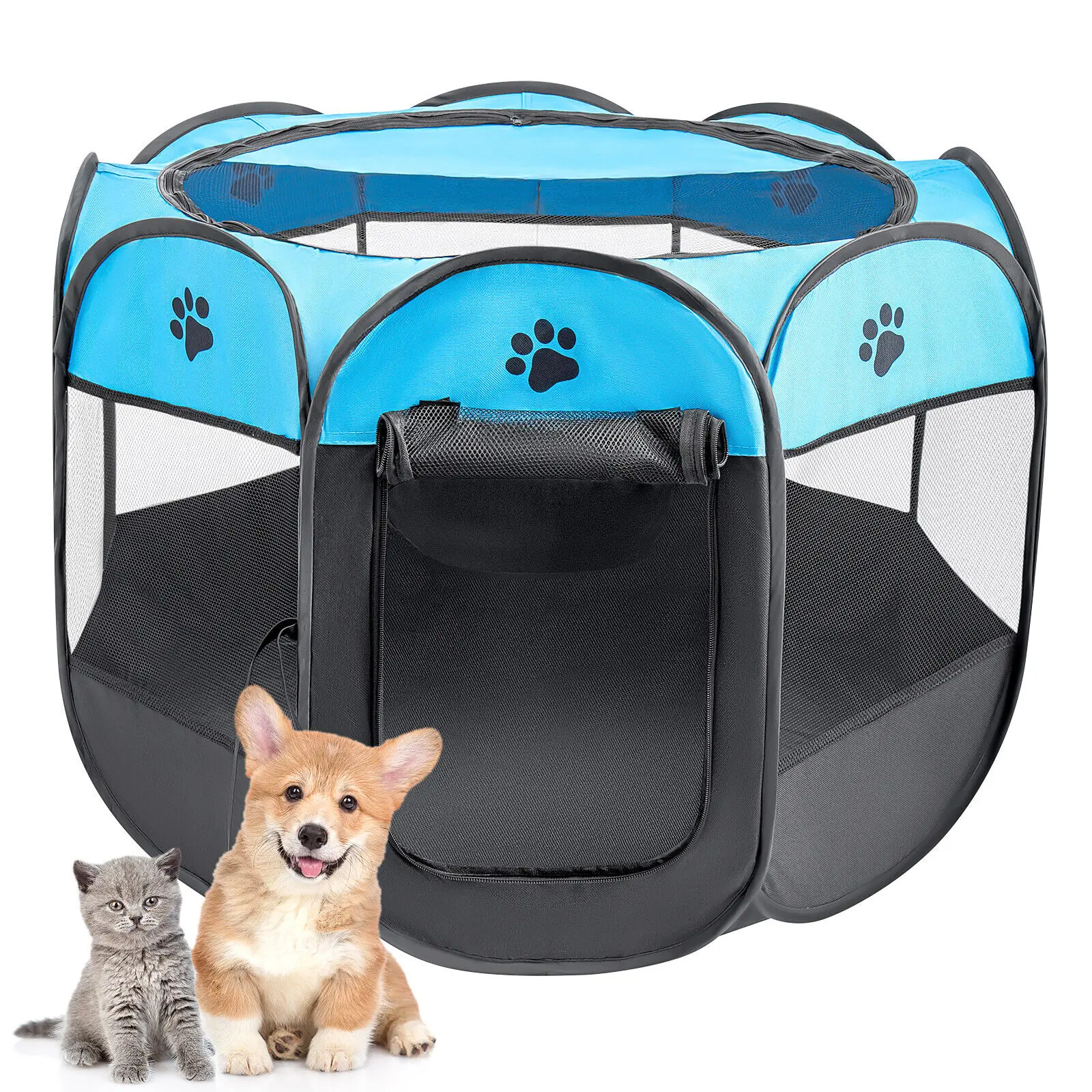 GoDyna   Pet Playpen Puppy Playpen Pet Dog Cat Playpen Cage Crate Soft Fabric Foldable Pet Indoor Outdoor for Rabbit Hamster Guinea Pig (Blue, 74 * 74 * 43cm)