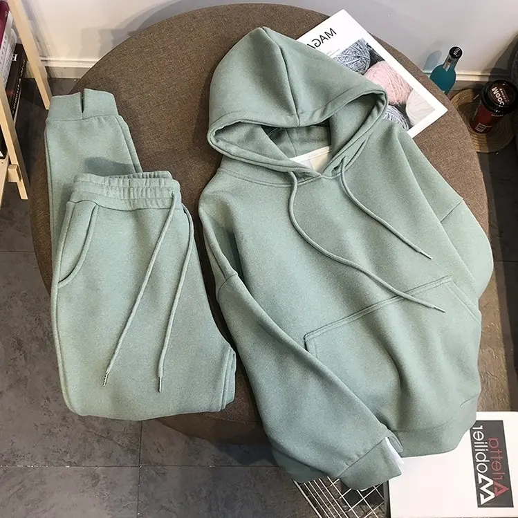 New autumn and winter thickened velvet hooded sweatshirt women's suit solid color sports casual fashion two-piece top
