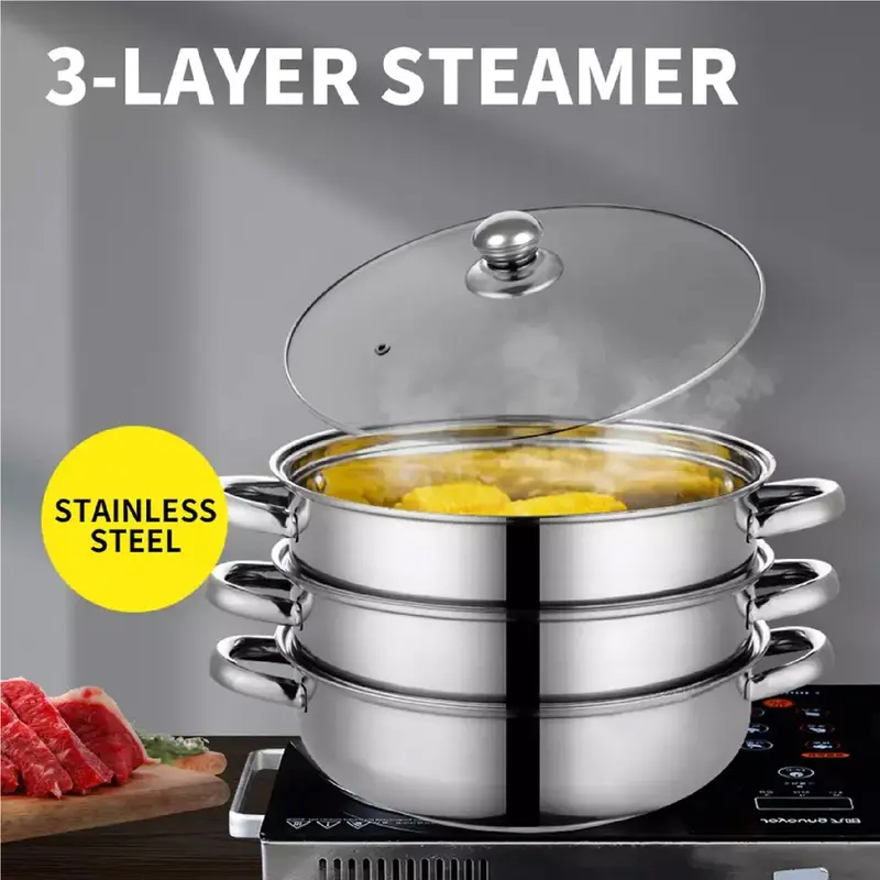 28cm 3 TIER STAINLESS STEEL STEAMER COOKER POT SET PAN COOK FOOD GLASS LIDS Cookware Induction 1