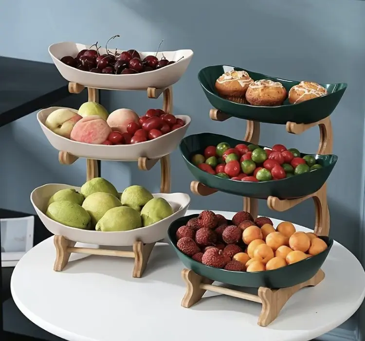 Fruit Basket, Capacity Tiered Fruit Basket Stand,Bamboo Fruit Basket Fruit Tray Snack Nuts Bread Candy Storage Rack