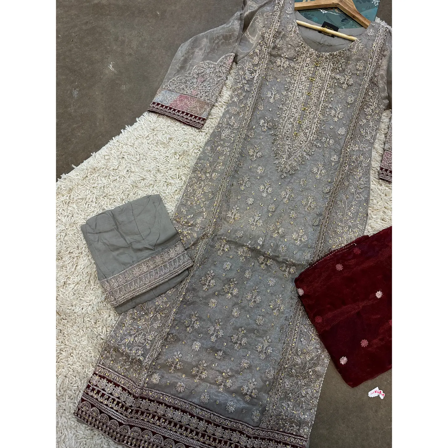 S Creations | Embroidered Organza Readymade | SC107 (Beige)
