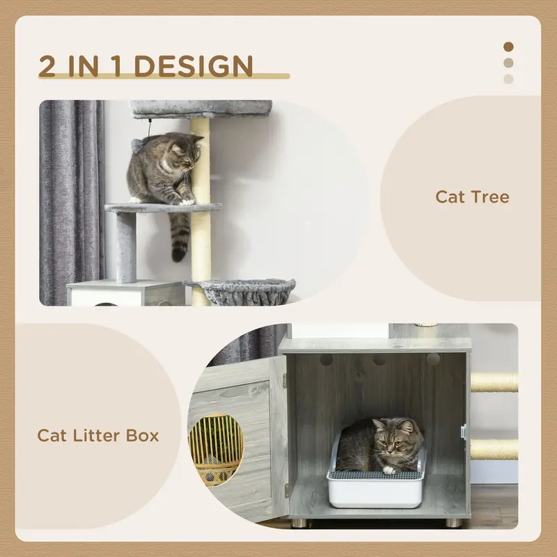 PawHut Enclosed Cat Litter Box with Cat House, Cat Bed, Scratching Posts, Platforms, for Indoor Cats - Grey 3