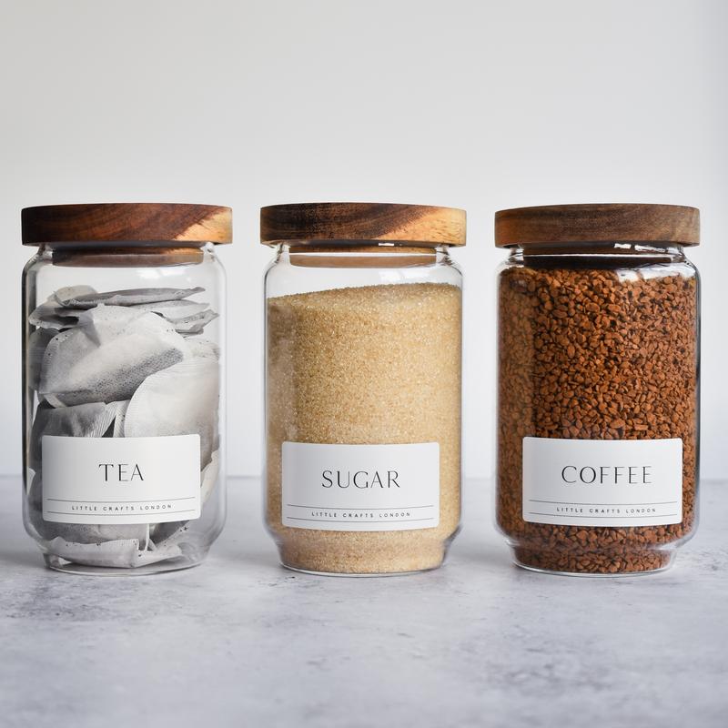 Set of 3 Acacia Glass Jars Tea, Coffee and Sugar 750 ML | Tea Coffee Sugar Canisters [LABEL SLIM] Airtight Containers 6