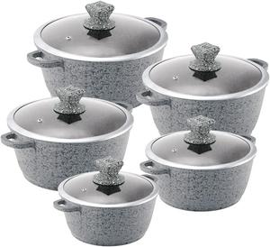 Premium Granite Marbell Die-Cast Aluminium  Set with Non-Stick Coating Set Durable Granite Effect Non-Stick Coating Glass Lids with Steam Vent Moulded Side Handles Suitable for most types of Hobs Induction Cookware with lid stockpot