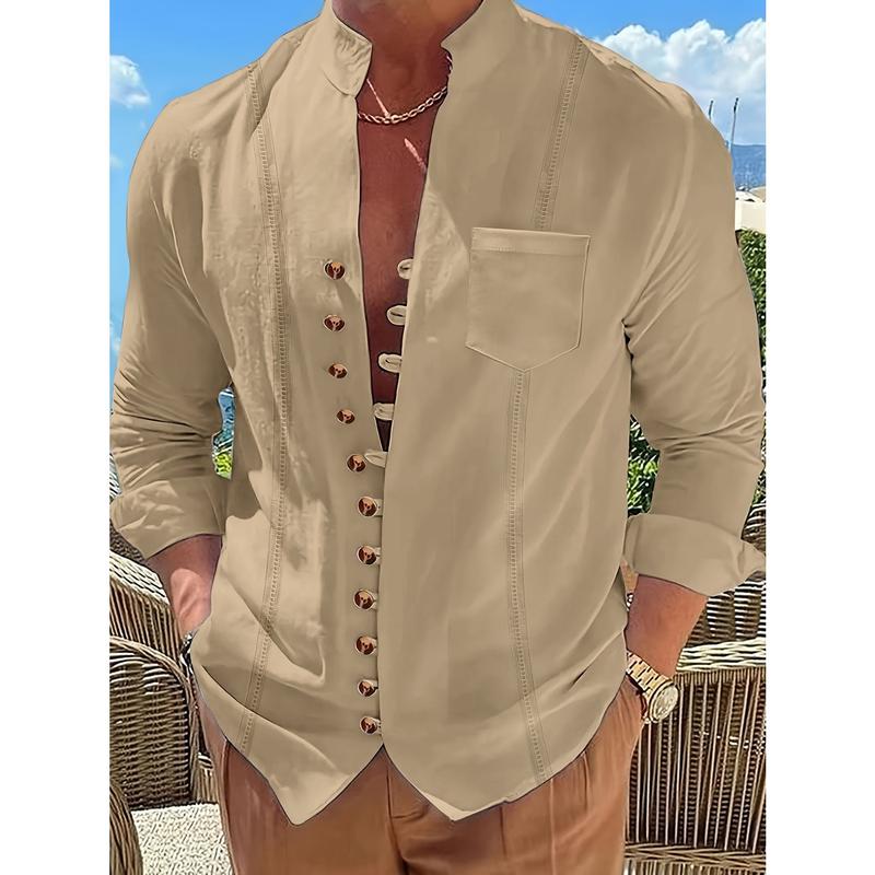 Men's Solid Ethnic Style Band Collar Jacket For Spring Summer, Stylish Casual Cotton Shirt For Males 2