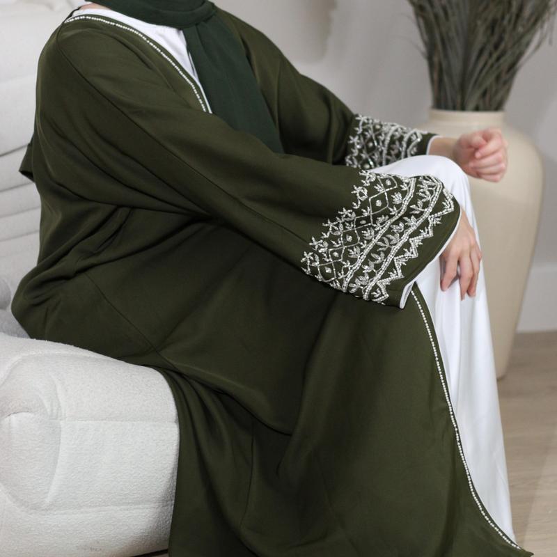 Amira Abaya - MAYLEES Detailed Sleeve Embellished Full-Length Women's 3-Piece Button-up Set Sizes 50-60 plain muslim party essential handmade soft fabric eid outfits glam regular sleeve casual traditional minimalist hijabis crew neck luxury 2