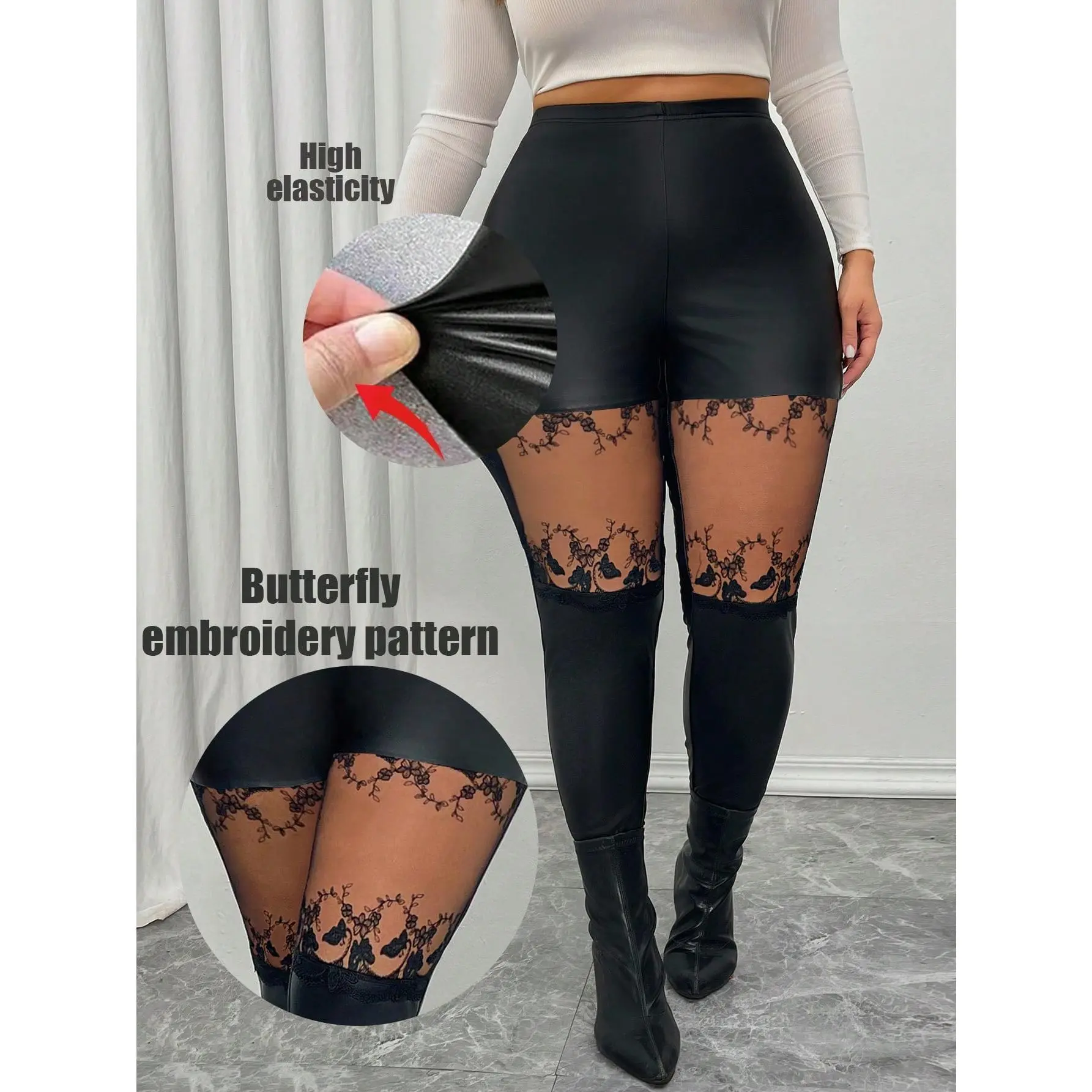 Celure Plus Size Lace Leggings, Simple Fashion Casual For Daily Wear Fabric Womenswear