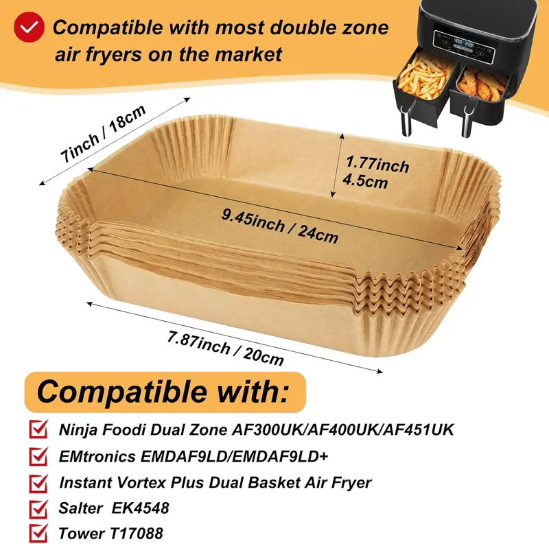 Air Fryer Liners for Ninja Dual, Accessories, Disposable Square fryer Parchment Paper Liner, Compatible with AF300UK AF400UK, Salter and Other Dual Zone (50pcs) Bakeware Basket Utensils Nonstick 1