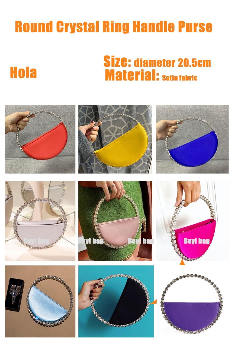 Product Introduction of New Arrival Trendy Women Chic Round Satin Crossbody Hand Bag with Round Bling Crystal Handle Evening Party Bag Purse 0