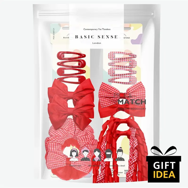 Girl Hair Accessories Set 16 Pieces Hair Ties, Pins, Scrunchies, Ribbon Ponytail Holder Summer School Check Uniform, Red 1