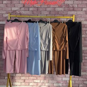 Two-piece Set Women's Solid Button Front Ribbed Crop Top & Elastic Waist Pants, Casual Long Sleeve Round Neck Top & Trousers 2 Piece Set for Spring & Fall, Women's Clothes for Daily Wear, Sassyandclassyclothing