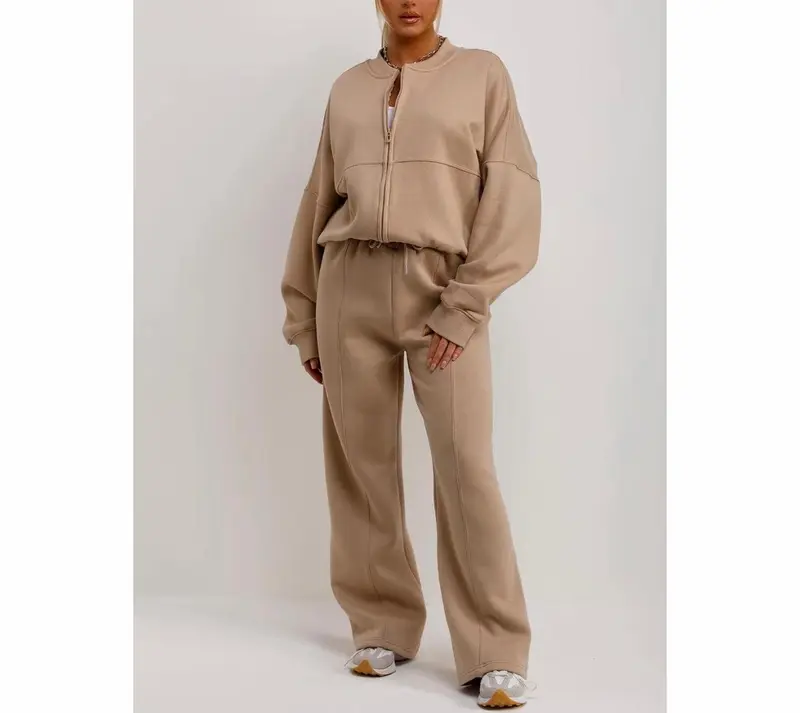 Bomber Sweatshirt With Zip And Joggers Loungewear Set Beige Womenswear 4
