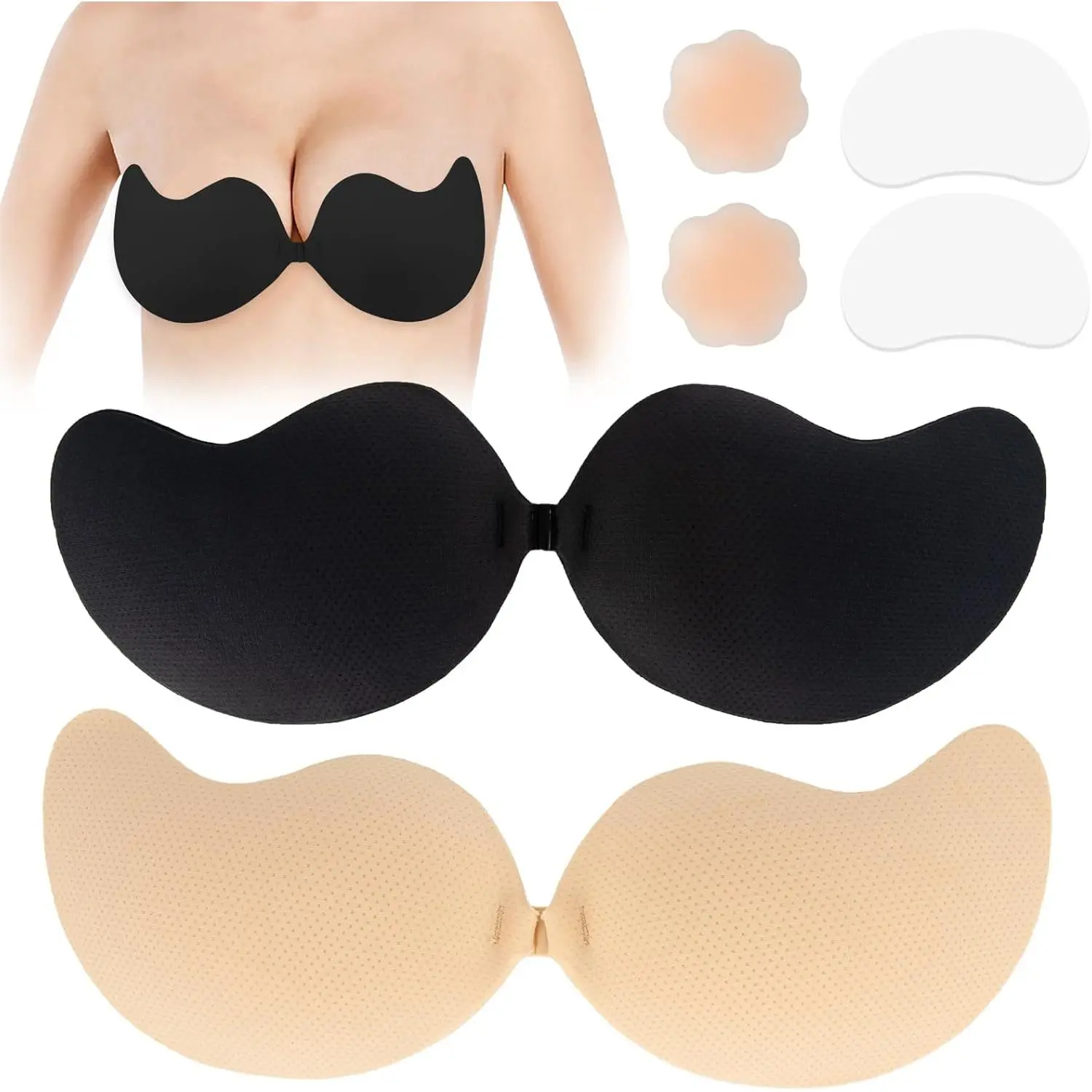 Stick on Bra, 2 Pack Sticky Bra Reusable Backless Bra with 2 Nipple Covers and 2 Transparent Side Breast Patch, Adhesive Bra for All Backless Clothes, Deep V, Off Shoulde