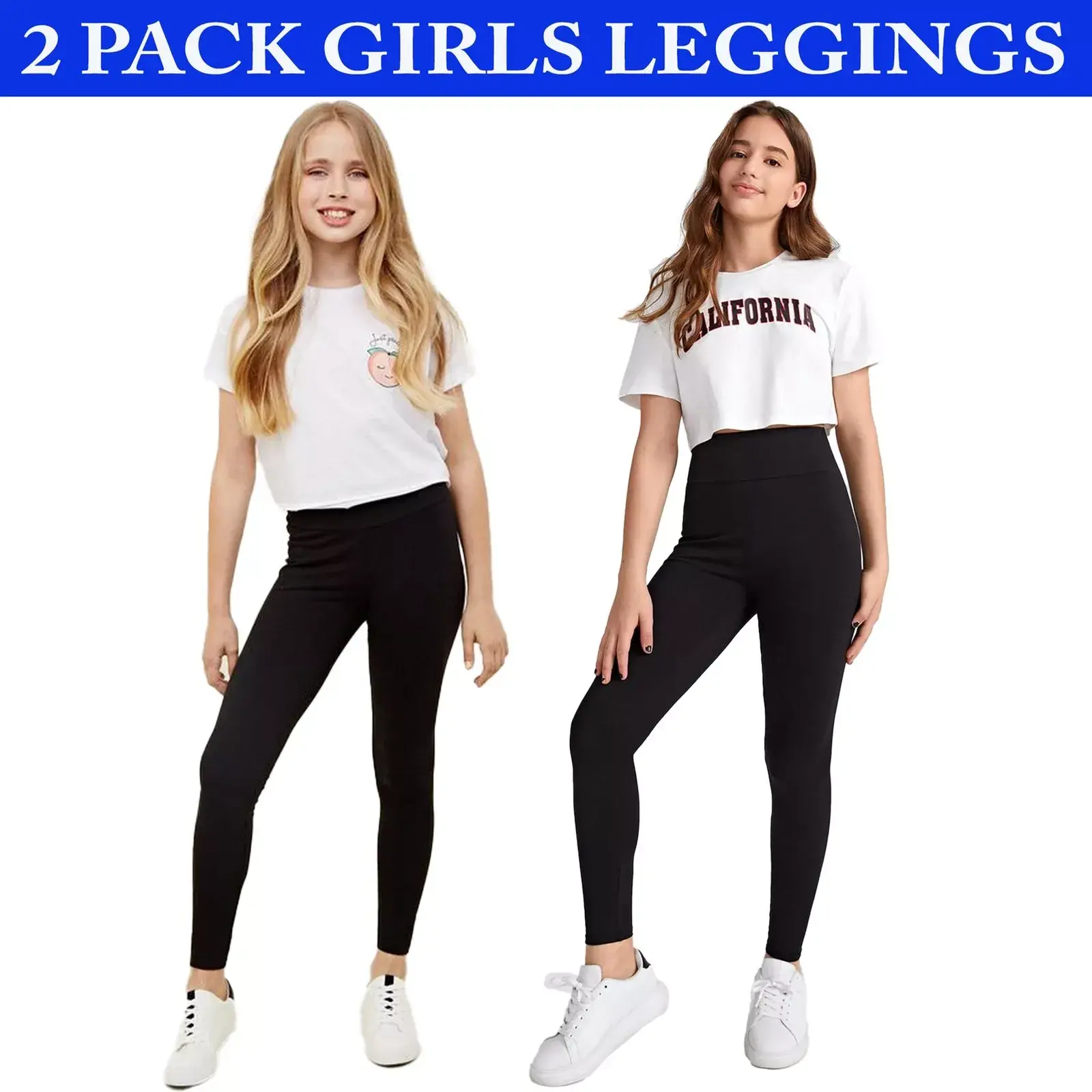 2 Pack Girls Black Leggings Kids Childrens School Cotton Full Length All Ages PLUS Other Colours