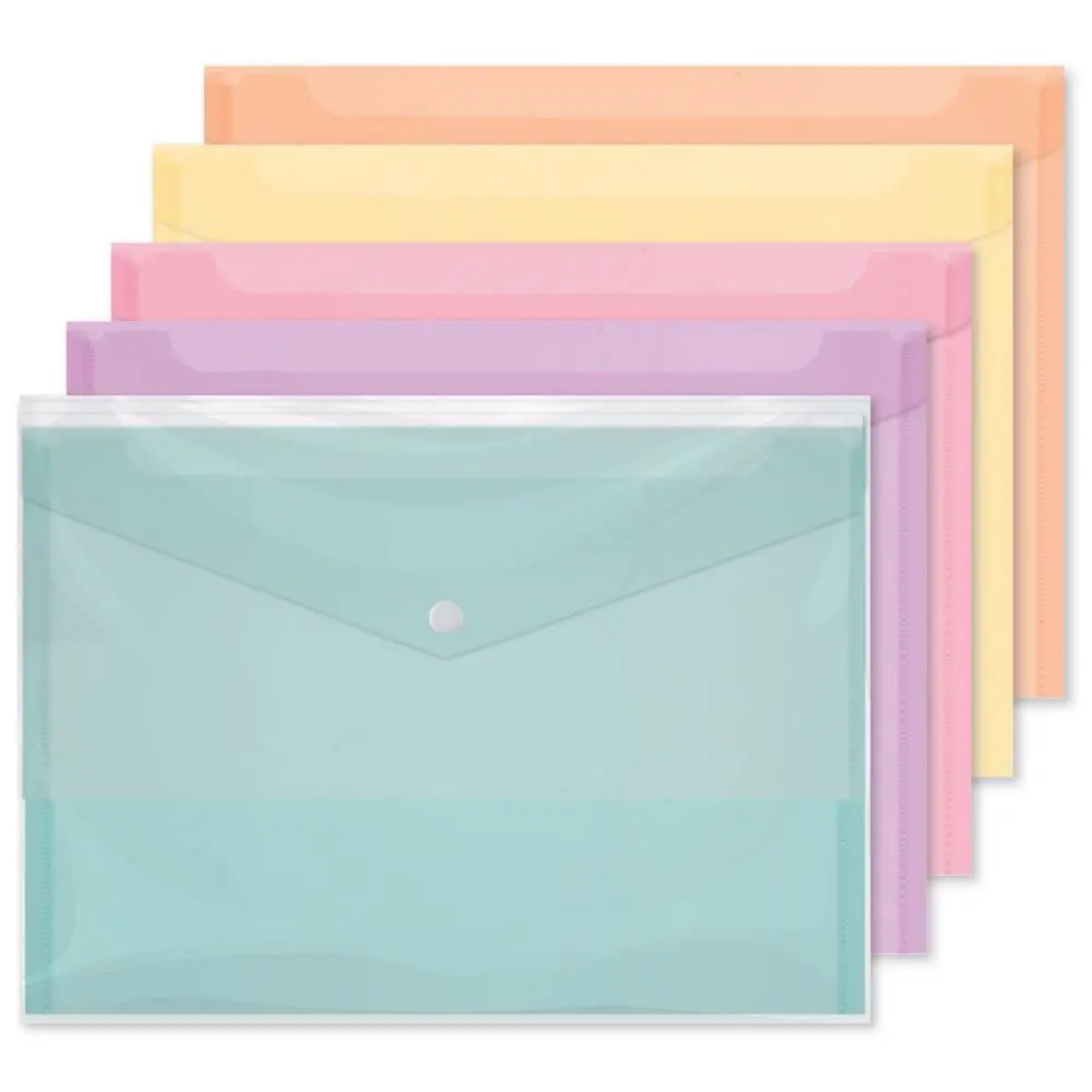 A4 Assorted Pastel Colour Document Stud Wallets Plastic Carry Popper Folder Paper Wallet (Qty 5 Wallets)