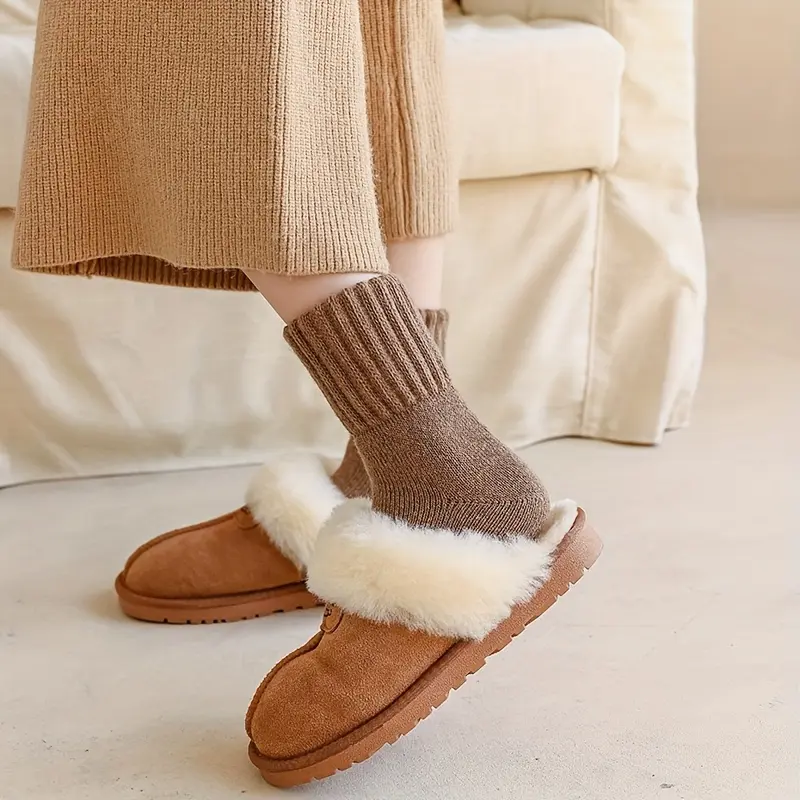 A&H     Women's Soft and Cozy Thick Terry Snow Socks (5 Pairs) - Mid-Calf Length, in Beige and Brown Solid Colors, Polyester Blend, Perfect for Cold Weather, Adorable and Warm 3