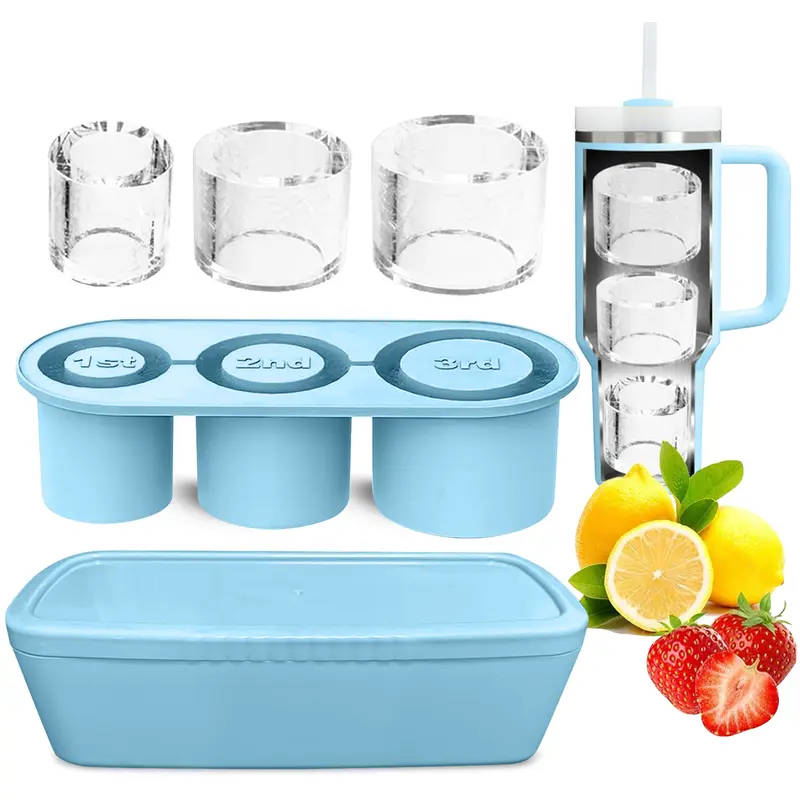 Next Day Delivery - Stanley Cup Ice Mold for 20-30-40 Oz Tumblers with Lid and Bin for Making 3 Cylinder Ice Cubes for Cocktails and Drinks Tray Utensils Kitchen. Reusable Stanley Ice cube tray. Best Silicone Stanley Accessories, Ice Cube Tray for MEOKY, 1