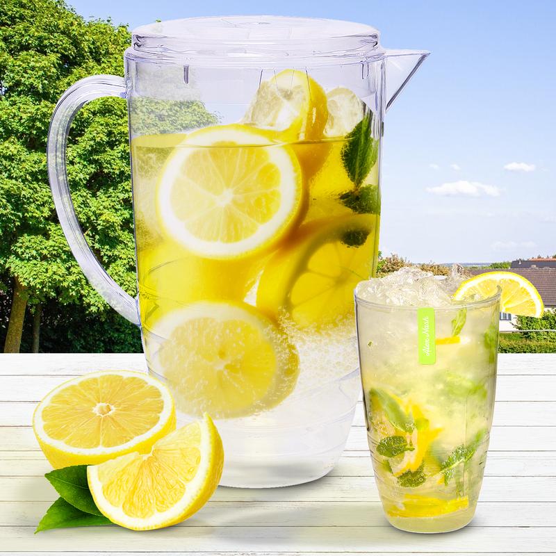 2 Litre Plastic Jug with Wine Glasses or Tumblers, Indoor or Outdoor Drinkware, BBQ Picnic Party Dinnerware, Clear Plastic Swirl Effect Design, 2L Pitcher, Food Grade Plastic, Choose Your Set Stylish Serving 1