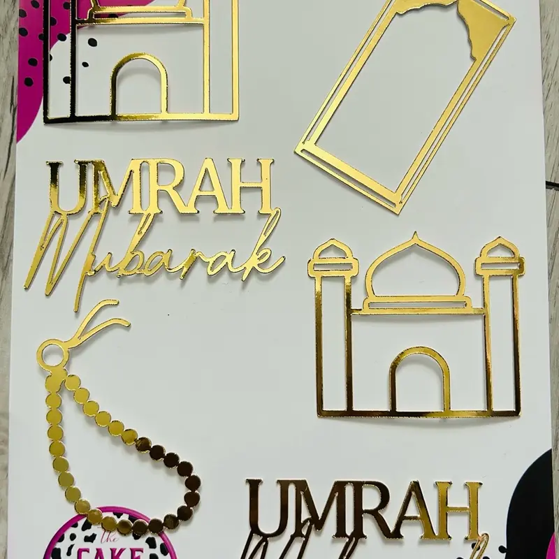 Umrah Mubarak Mixed Cupcake Topper Set with Mosque, Prayer Mat, Prayer Beads, and Tasbih - Ornaments, Decor Metallic Gift 1