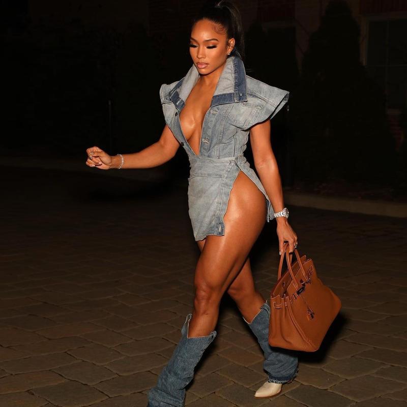 Casual street style sleeveless high slit denim skirt set 0
