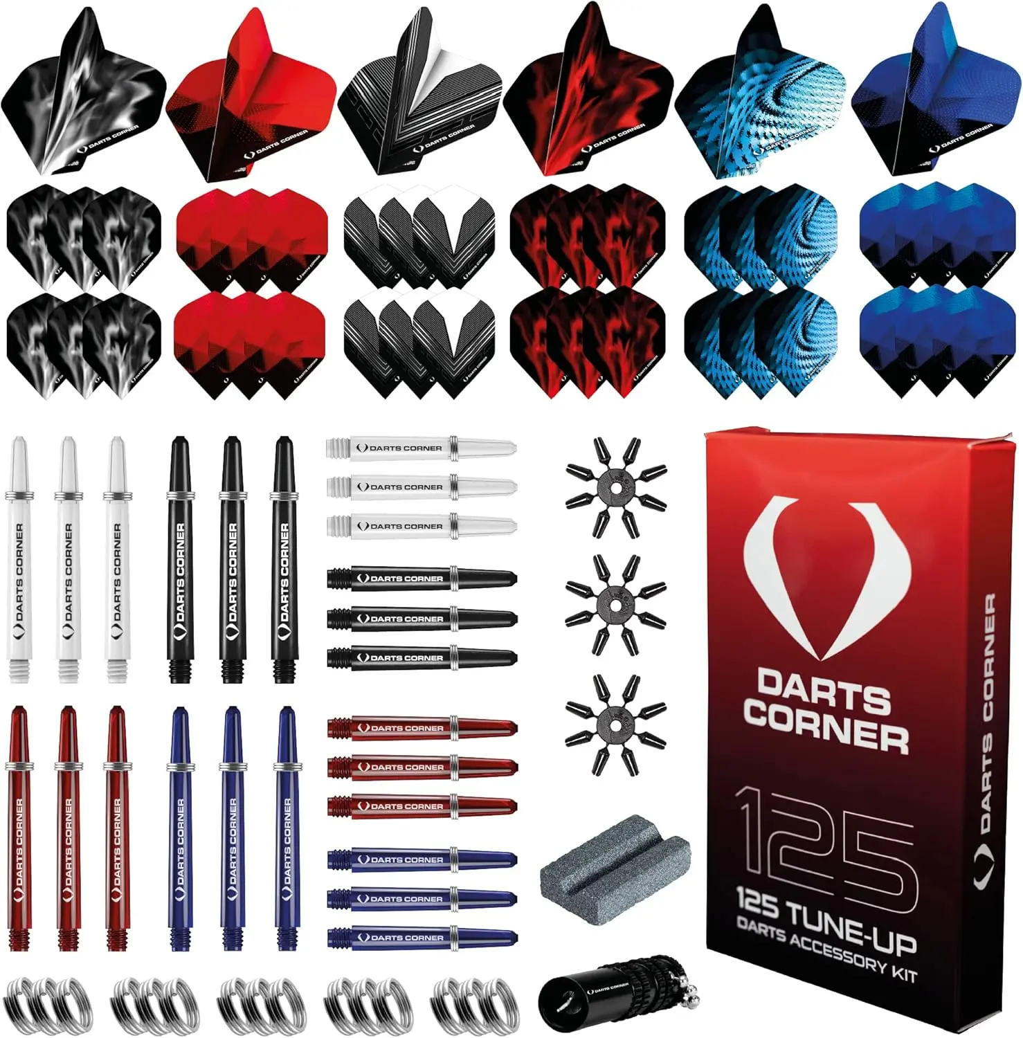 Darts Corner BX228 Tune Up Kit | 125pc Accessory Pack Including 24 Shafts, 36 Flights, Point Protectors, Shaft Springs, Broken Shaft Remover and a Steel Tip Sharpening Tool