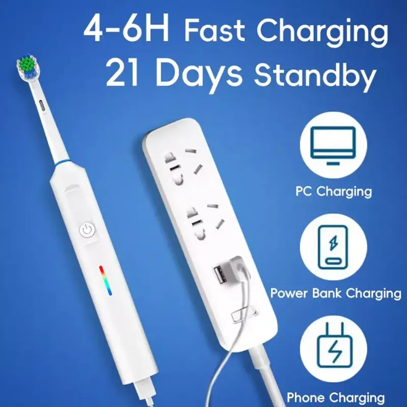 Toothbrush Electric Rechargeable Pro Rotating Brush Heads Timer Modes Usb 6