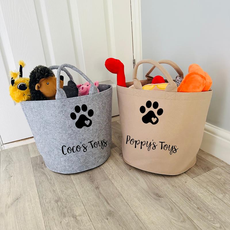 Personalised Dog Toy Basket Organiser - Felt - Grey or Beige Sand - Toy Box - Add your pet's name Gift 1