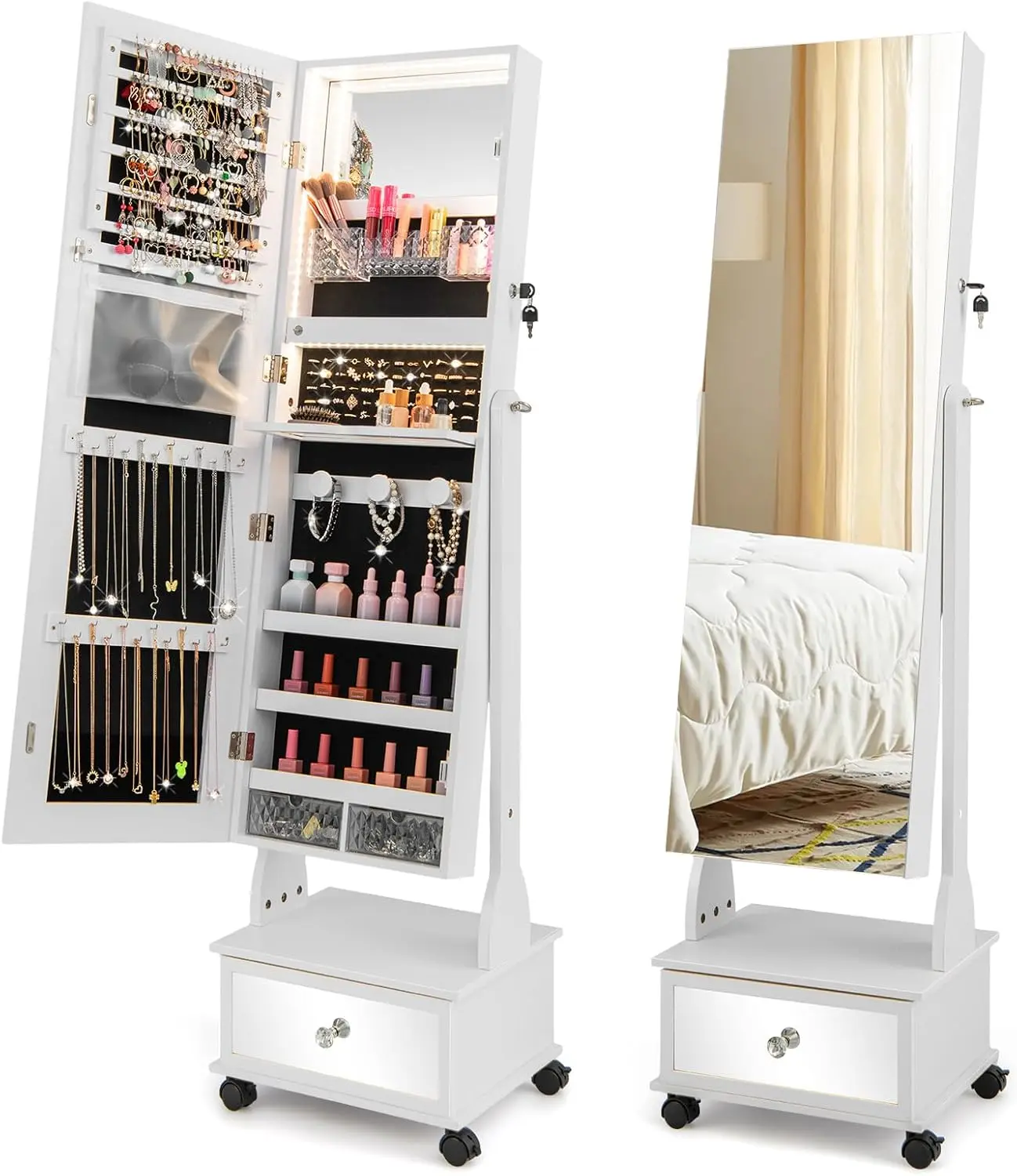 COSTWAY Free Standing Jewellery Cabinet, 3-Color LED Lights Lockable Jewelry Armoire with Full Length Mirror, Storage Drawer and Wheels, Mobile Angle-Adjustable Jewellery Organiser Gift